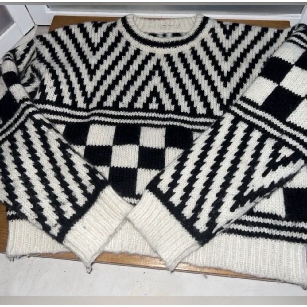 MOTHER Itsy Bitsy Crop Sweater Black White Alpaca Wool Blend Graphic Knit Size S